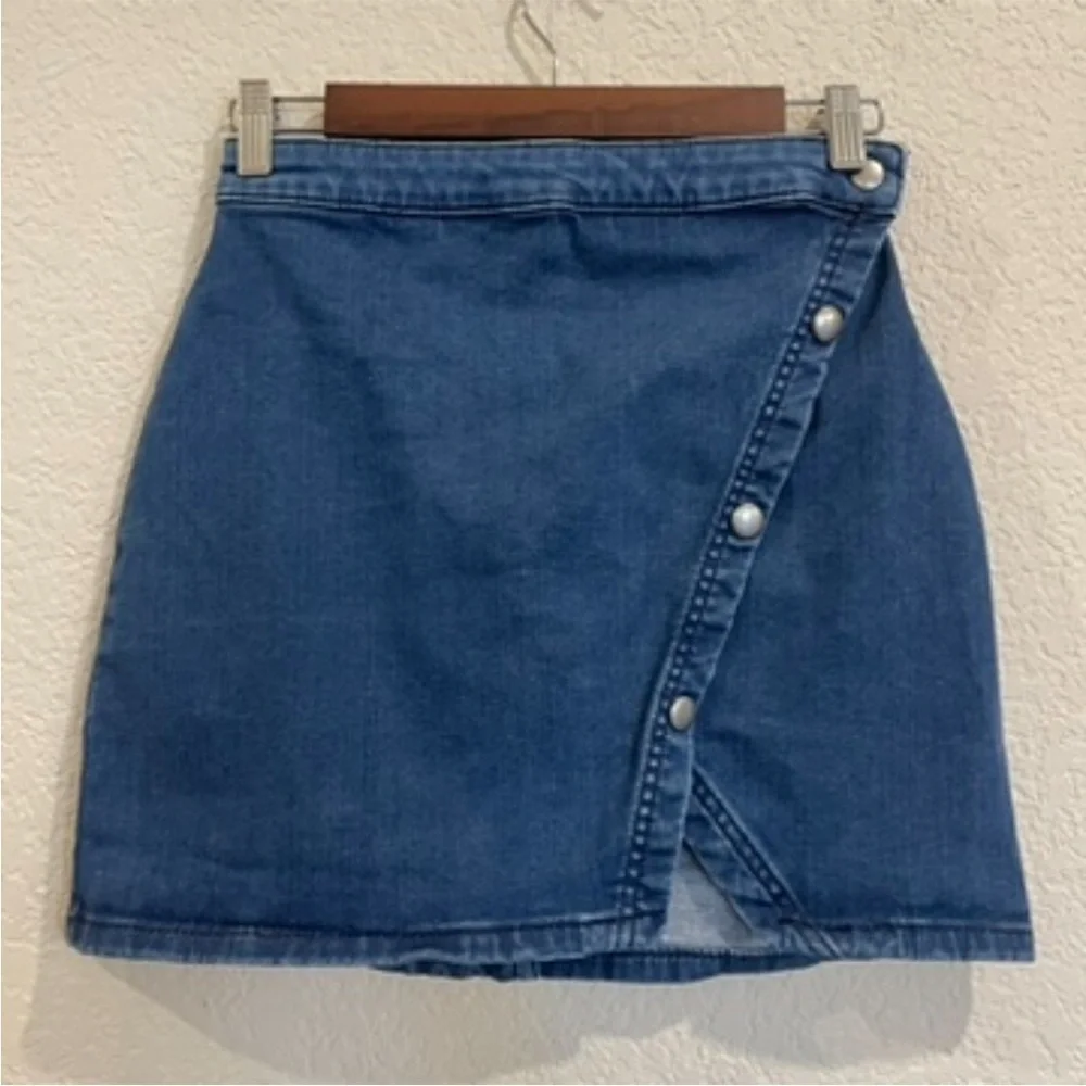 We The Free Notched Denim Wrap Denim Skirt